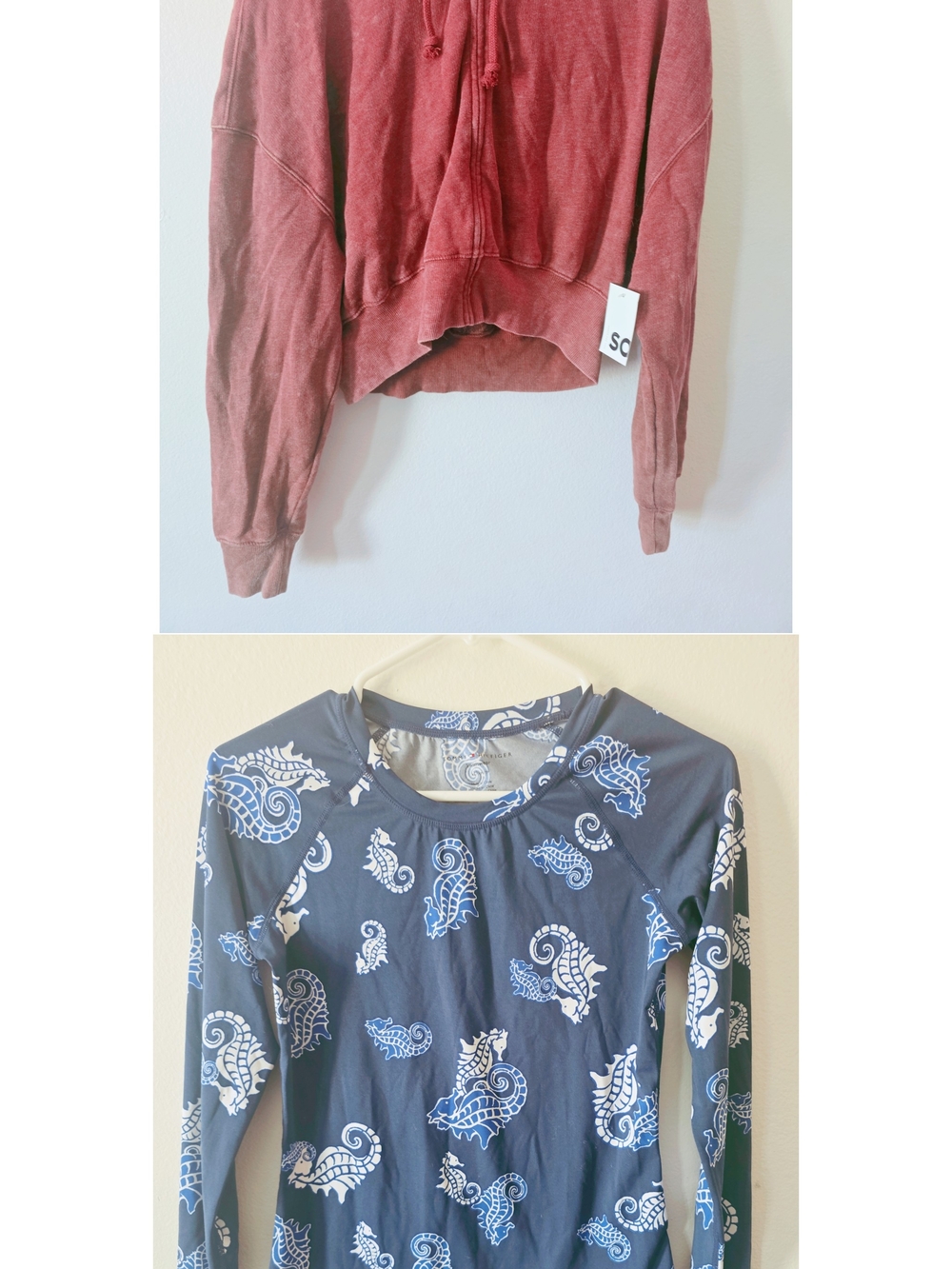 SO Red Cropped Hoodie and Navy Paisley Long-Sleeve Swim Top